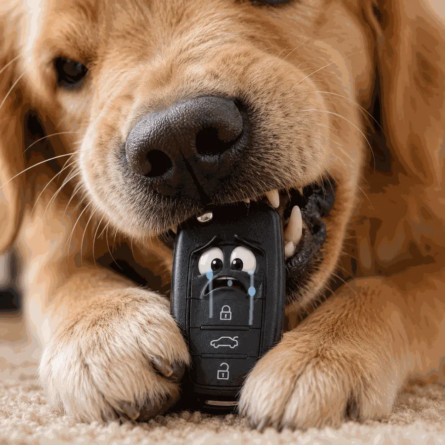 A golden retriever chewing a crying key fob held between its paws