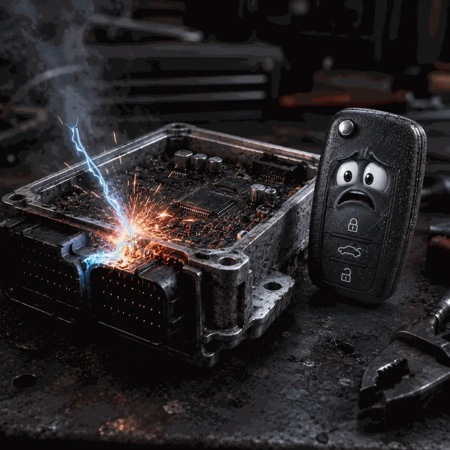 A worried key fob on a workbench next to an engine control module shorting out with sparks