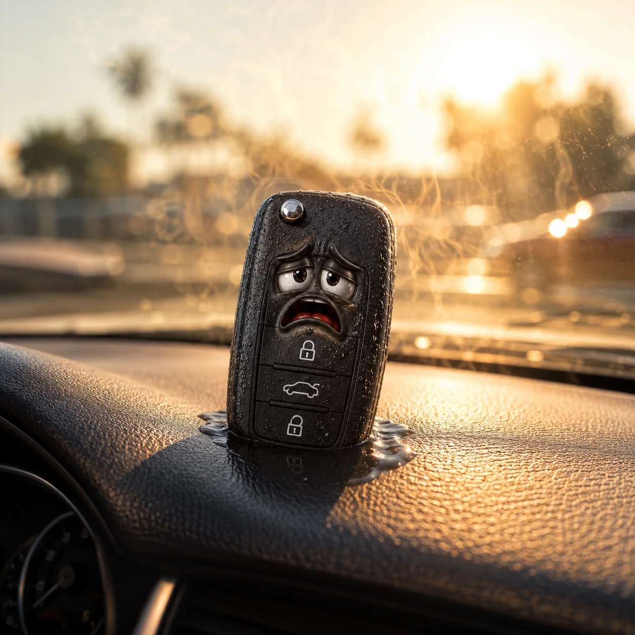 A miserable key fob sweating on a hot car dashboard in blazing summer sun