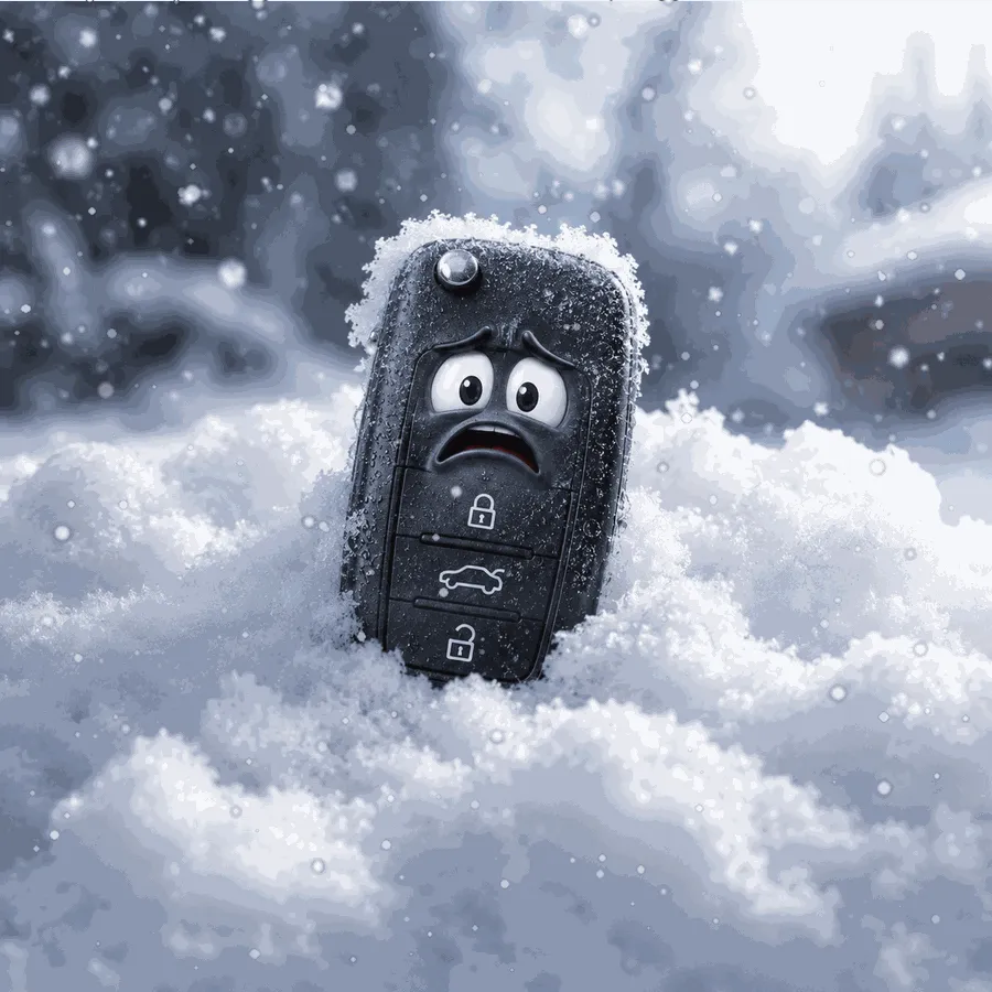 A worried key fob buried up to its buttons in a snowbank as snow falls