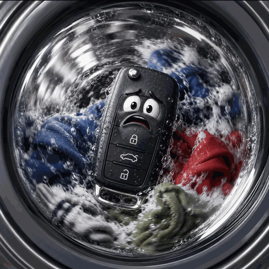 A worried key fob tumbling through a washing machine full of laundry